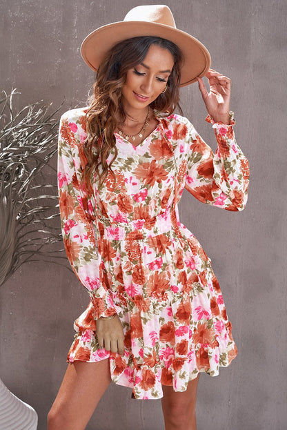Floral Print V Neck Long Sleeve Smocked Waist Mini Dress