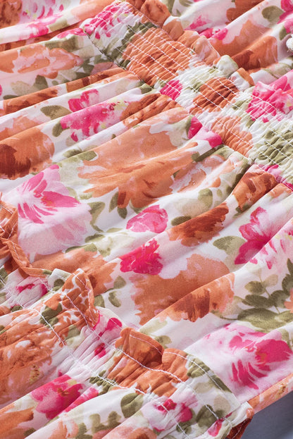 Floral Print V Neck Long Sleeve Smocked Waist Mini Dress