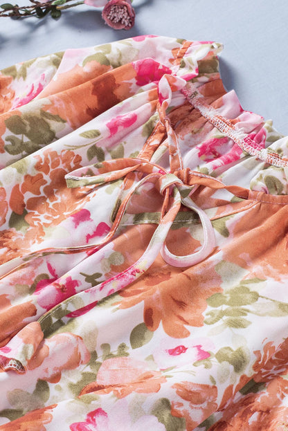 Floral Print V Neck Long Sleeve Smocked Waist Mini Dress