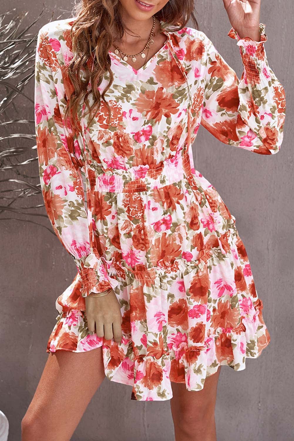 Floral Print V Neck Long Sleeve Smocked Waist Mini Dress