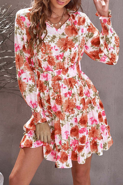 Floral Print V Neck Long Sleeve Smocked Waist Mini Dress