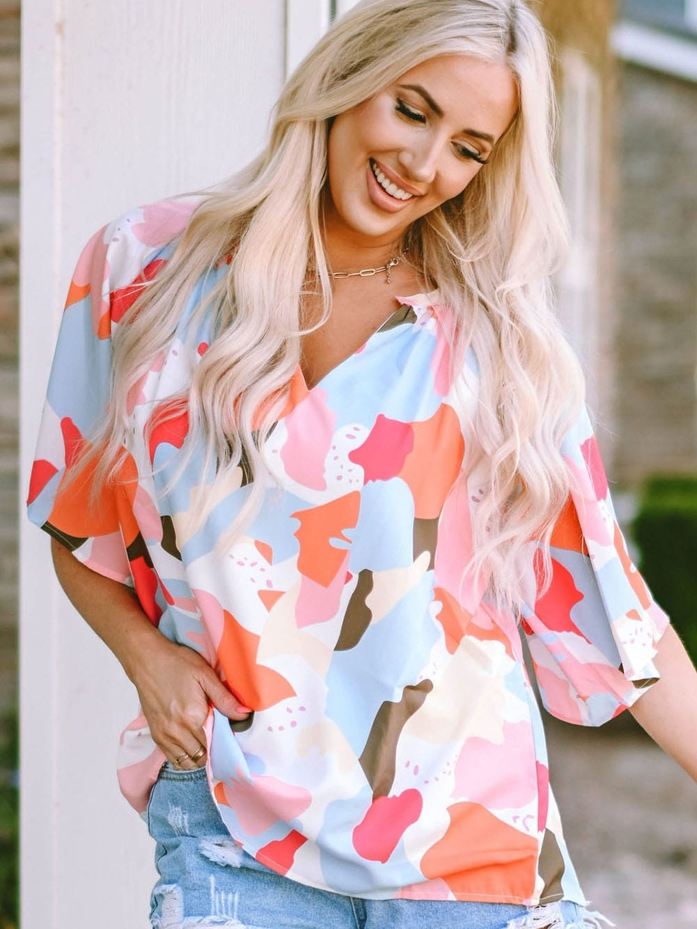 Floral Print V Neck Loose Fit Blouse for Effortless Style