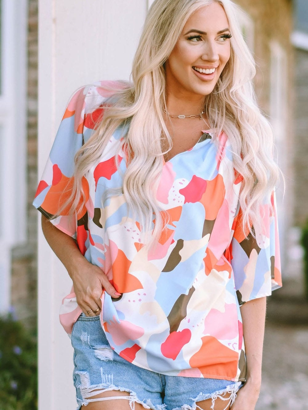 Floral Print V Neck Loose Fit Blouse for Effortless Style