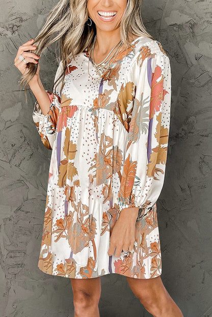 Floral Print V-Neck Shift Dress with Long Sleeves