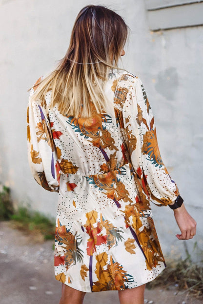 Floral Print V-Neck Shift Dress with Long Sleeves