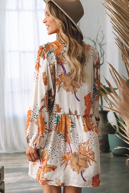 Floral Print V-Neck Shift Dress with Long Sleeves