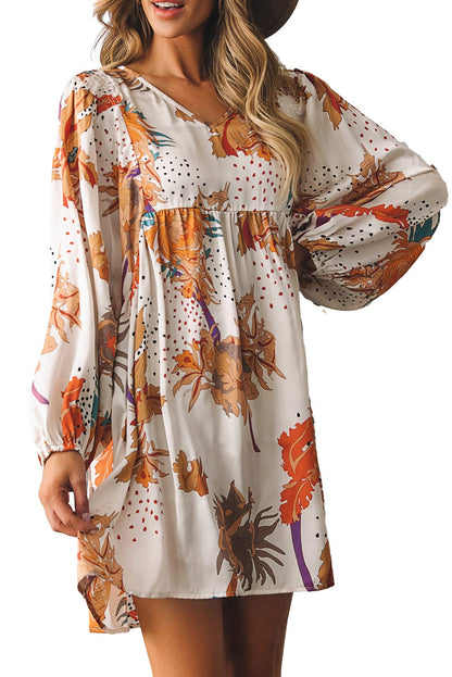 Floral Print V-Neck Shift Dress with Long Sleeves