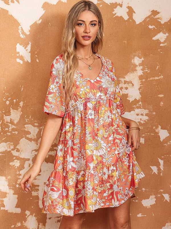 Floral Print V-Neck Short Dress with Feminine High Waist