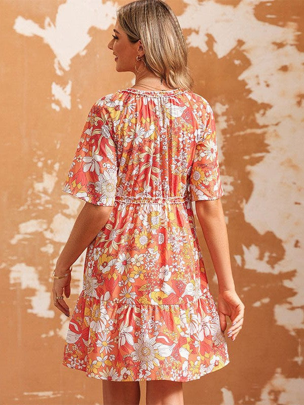 Floral Print V-Neck Short Dress with Feminine High Waist