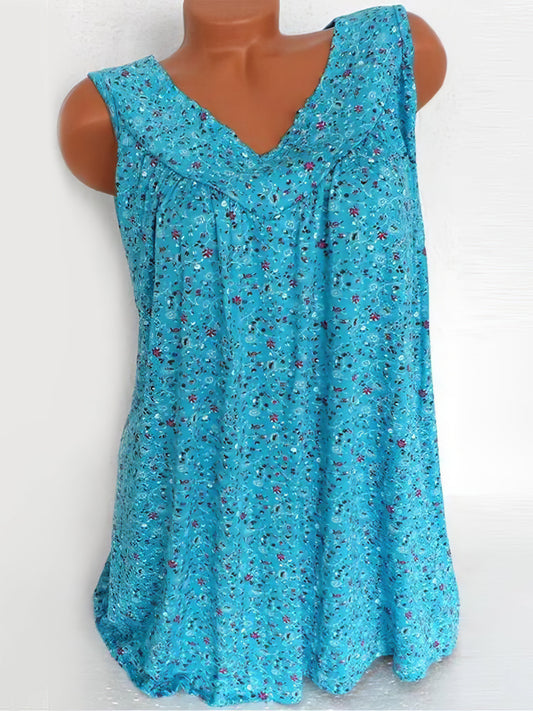 Tank Tops - Floral Print V-neck Sleeveless Vest - MsDressly