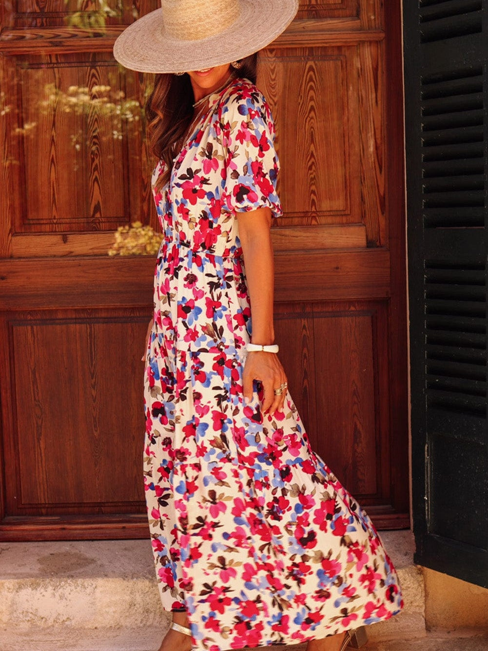 Floral Print V-Neck White Maxi Dress with Button Detail and Side Split