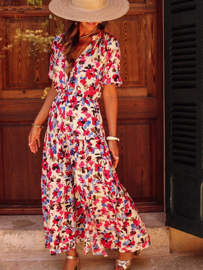 Floral Print V-Neck White Maxi Dress with Button Detail and Side Split