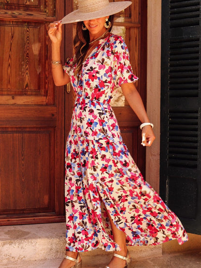 Floral Print V-Neck White Maxi Dress with Button Detail and Side Split
