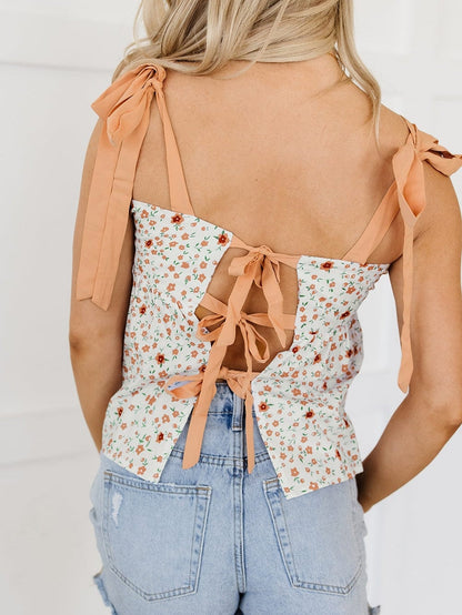 Floral Print White Tie Strap Babydoll Tank Top
