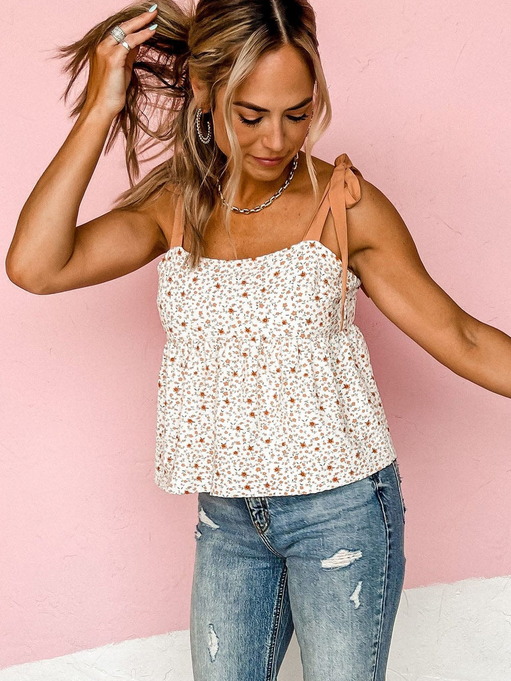 Floral Print White Tie Strap Babydoll Tank Top