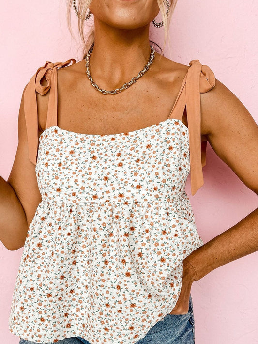 Floral Print White Tie Strap Babydoll Tank Top