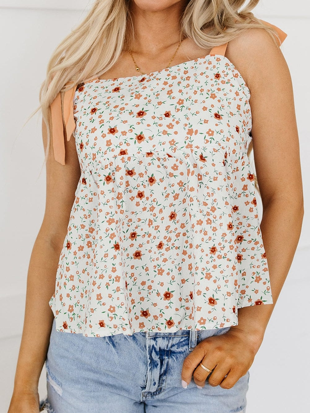 Floral Print White Tie Strap Babydoll Tank Top
