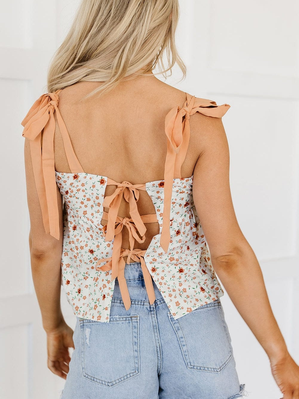 Floral Print White Tie Strap Babydoll Tank Top