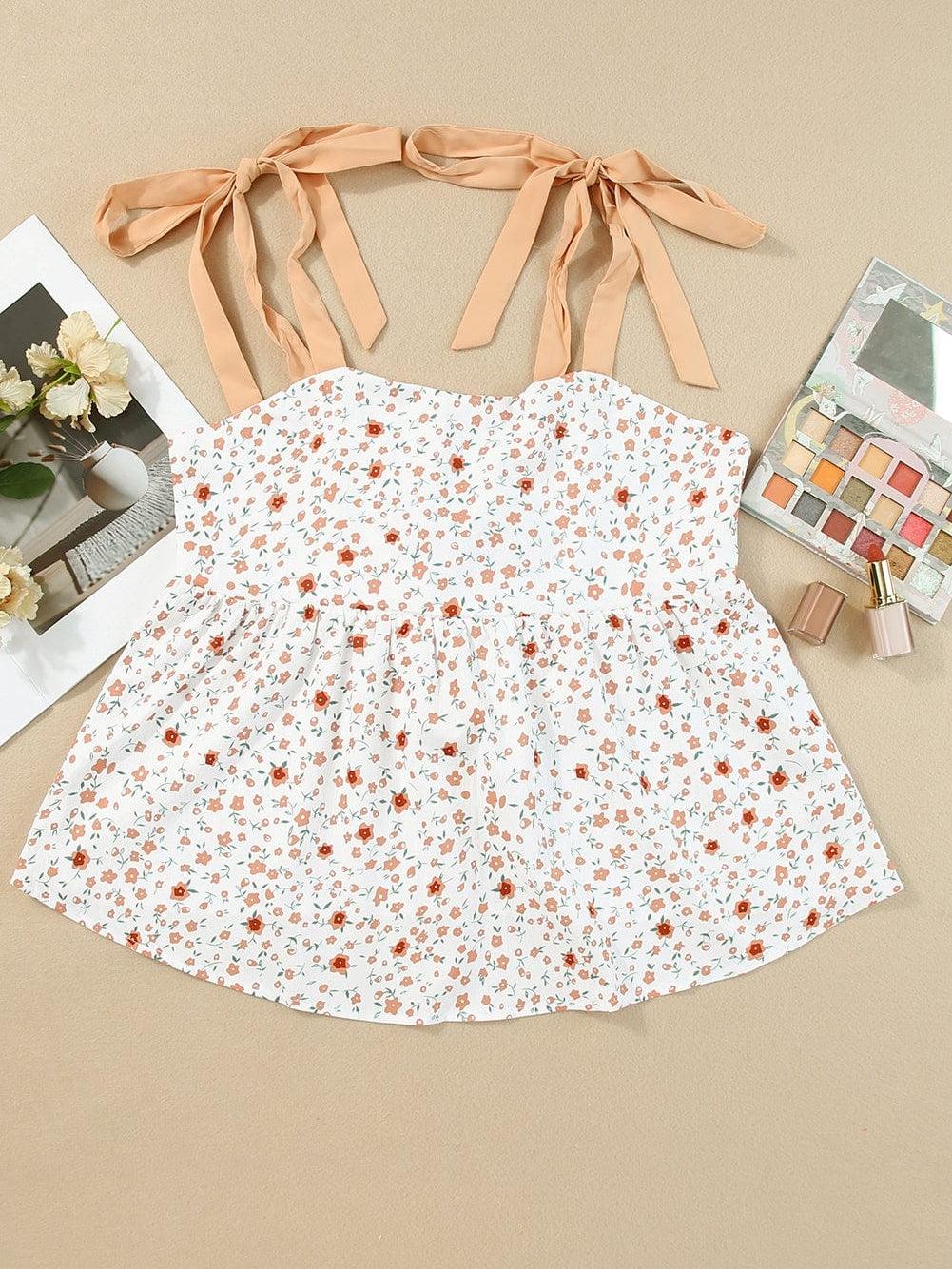 Floral Print White Tie Strap Babydoll Tank Top