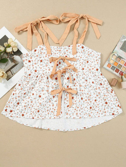 Floral Print White Tie Strap Babydoll Tank Top