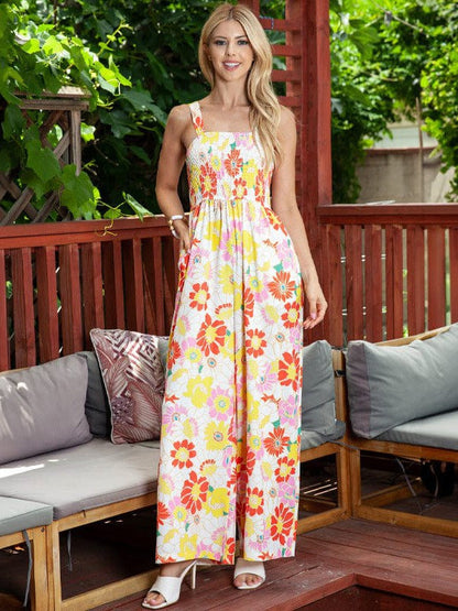 Floral Print Women's Bohemian Style Jumpsuit with Wide Leg Pants