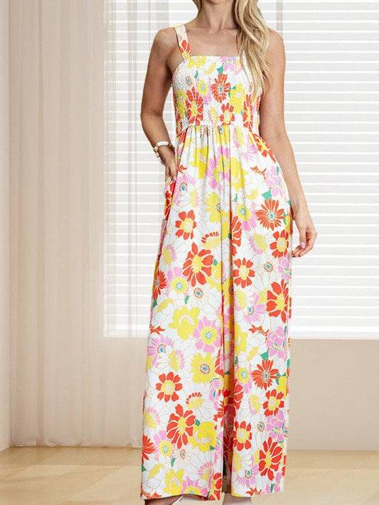 Floral Print Women's Bohemian Style Jumpsuit with Wide Leg Pants