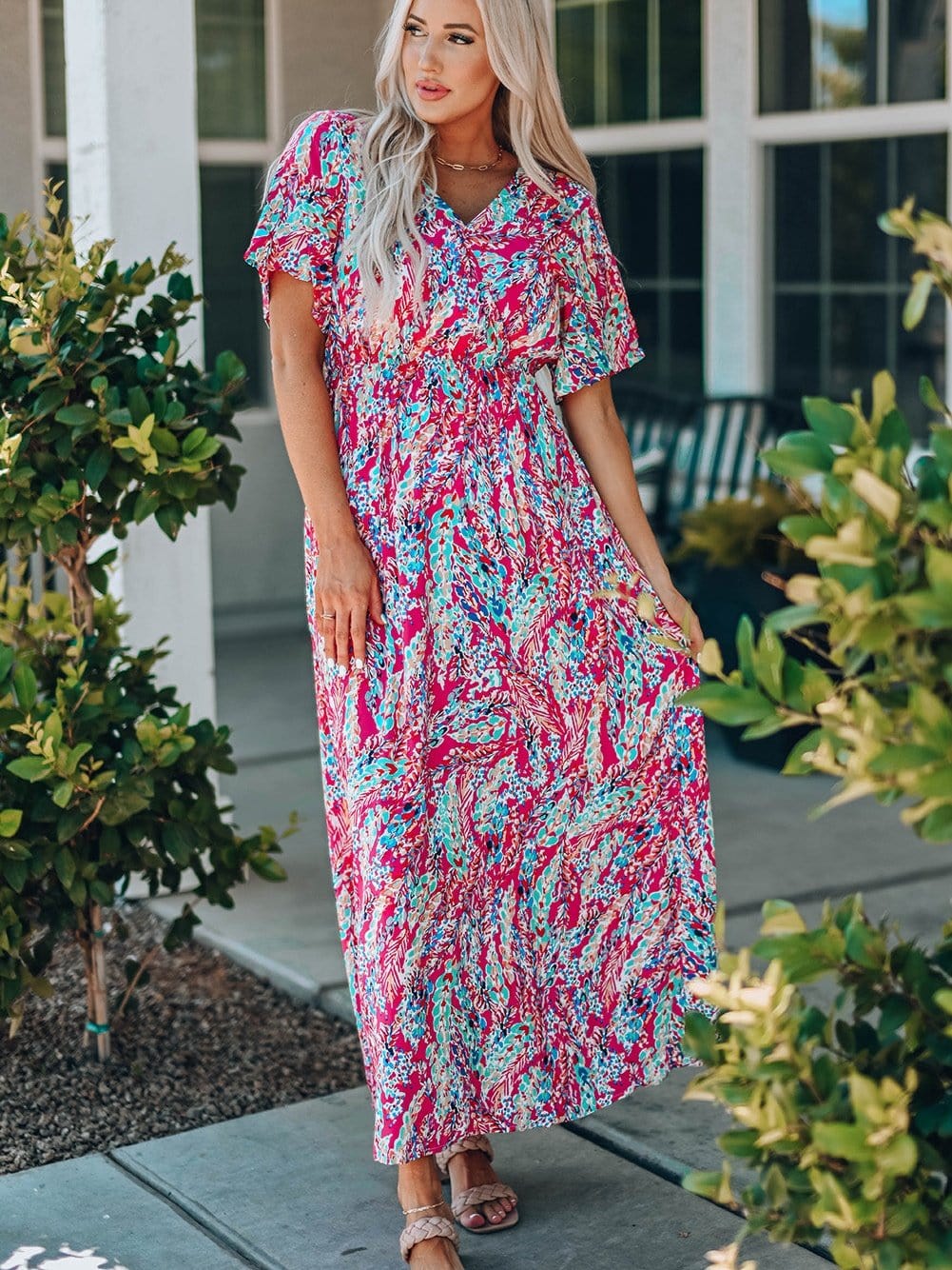 Floral Print Wrap Maxi Dress with V Neck
