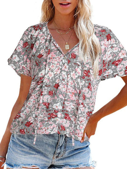 Floral Printed Chiffon V-Neck Short-Sleeved Top for Women