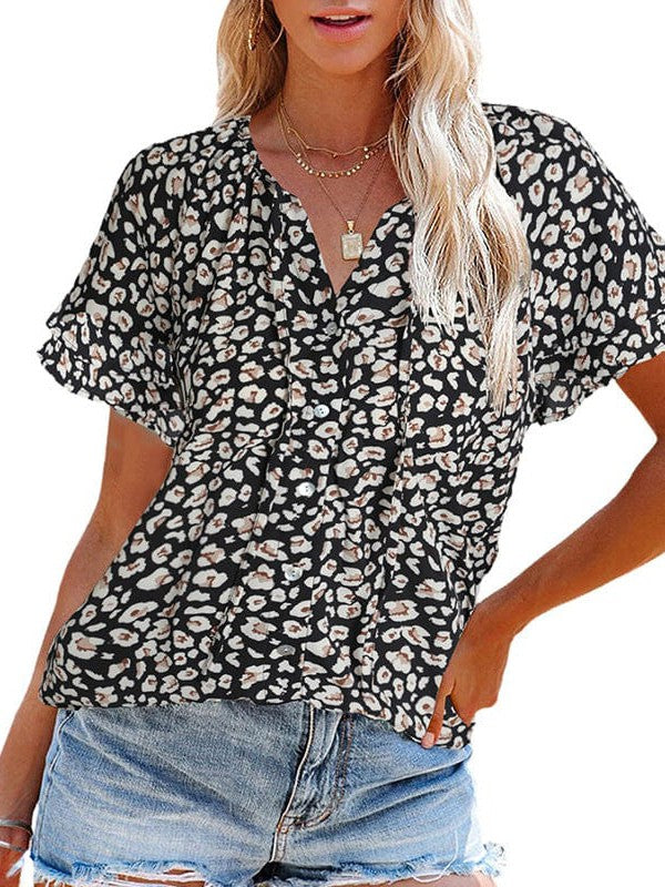 Floral Printed Chiffon V-Neck Short-Sleeved Top for Women