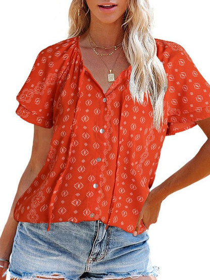 Floral Printed Chiffon V-Neck Short-Sleeved Top for Women