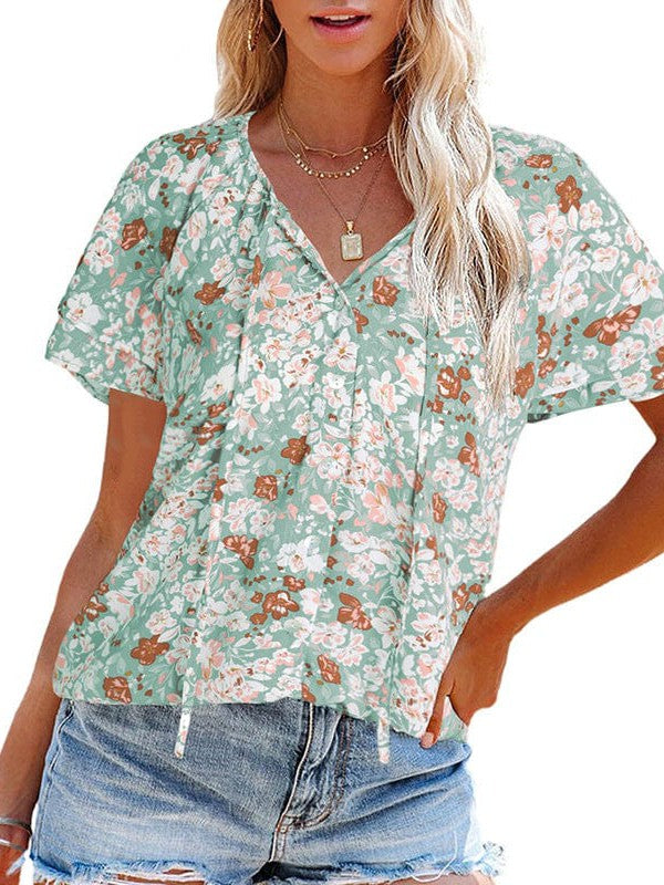 Floral Printed Chiffon V-Neck Short-Sleeved Top for Women