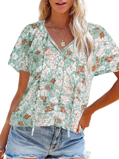Floral Printed Chiffon V-Neck Short-Sleeved Top for Women