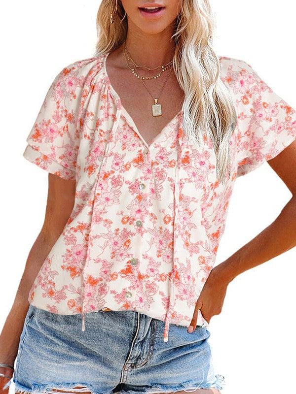 Floral Printed Chiffon V-Neck Short-Sleeved Top for Women