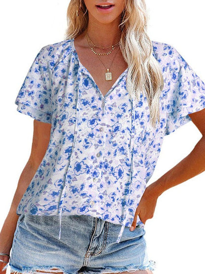 Floral Printed Chiffon V-Neck Short-Sleeved Top for Women