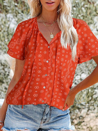 Floral Printed Chiffon V-Neck Short-Sleeved Top for Women