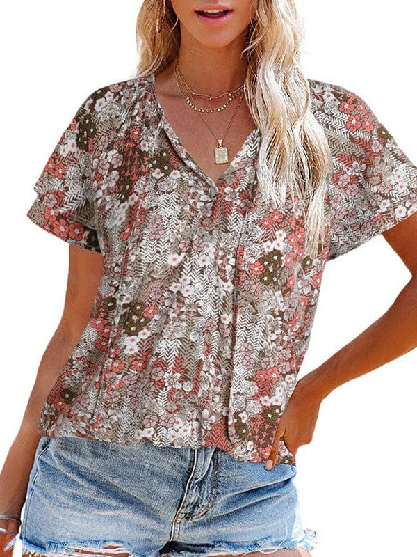 Floral Printed Chiffon V-Neck Short-Sleeved Top for Women