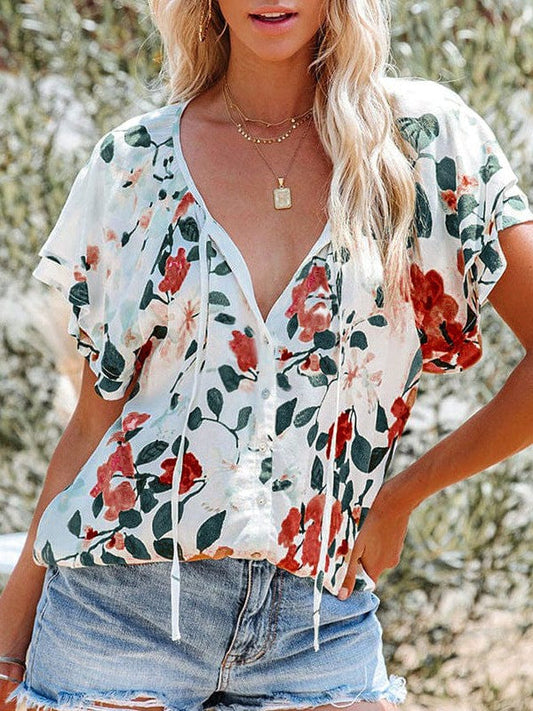 Floral Printed Chiffon V-Neck Short-Sleeved Top for Women