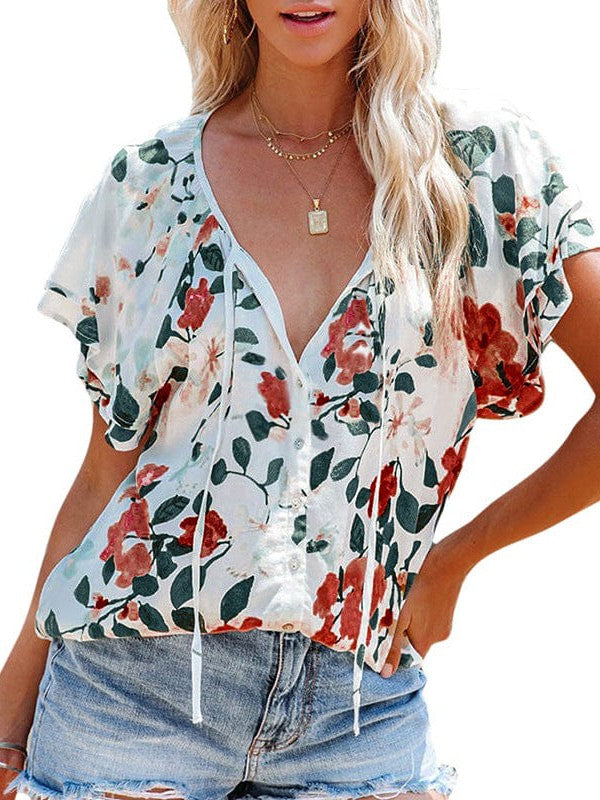 Floral Printed Chiffon V-Neck Short-Sleeved Top for Women