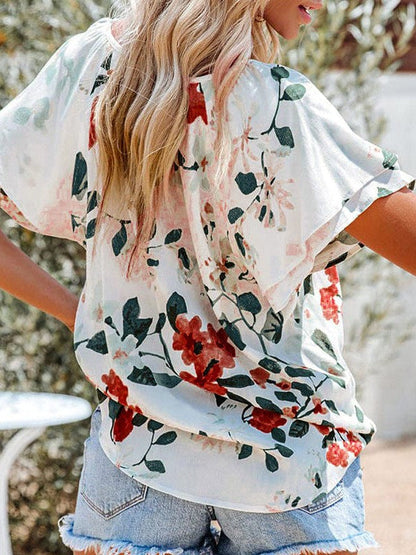 Floral Printed Chiffon V-Neck Short-Sleeved Top for Women