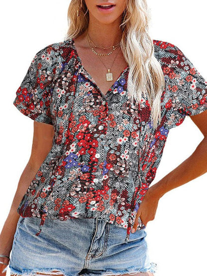 Floral Printed Chiffon V-Neck Short-Sleeved Top For Women