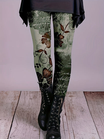 Floral Printed Elastic Waist Stretchy Leggings Pants