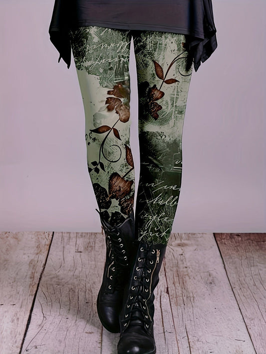 Floral Printed Elastic Waist Stretchy Leggings Pants
