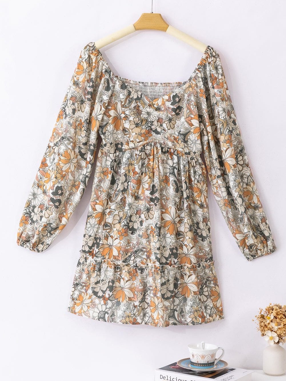 Floral Printed Puff Sleeve A-Line Mini Dress with Smocked Back