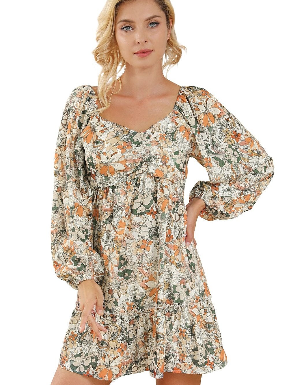 Floral Printed Puff Sleeve A-Line Mini Dress with Smocked Back