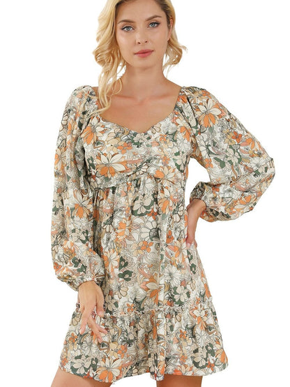 Floral Printed Puff Sleeve A-Line Mini Dress with Smocked Back