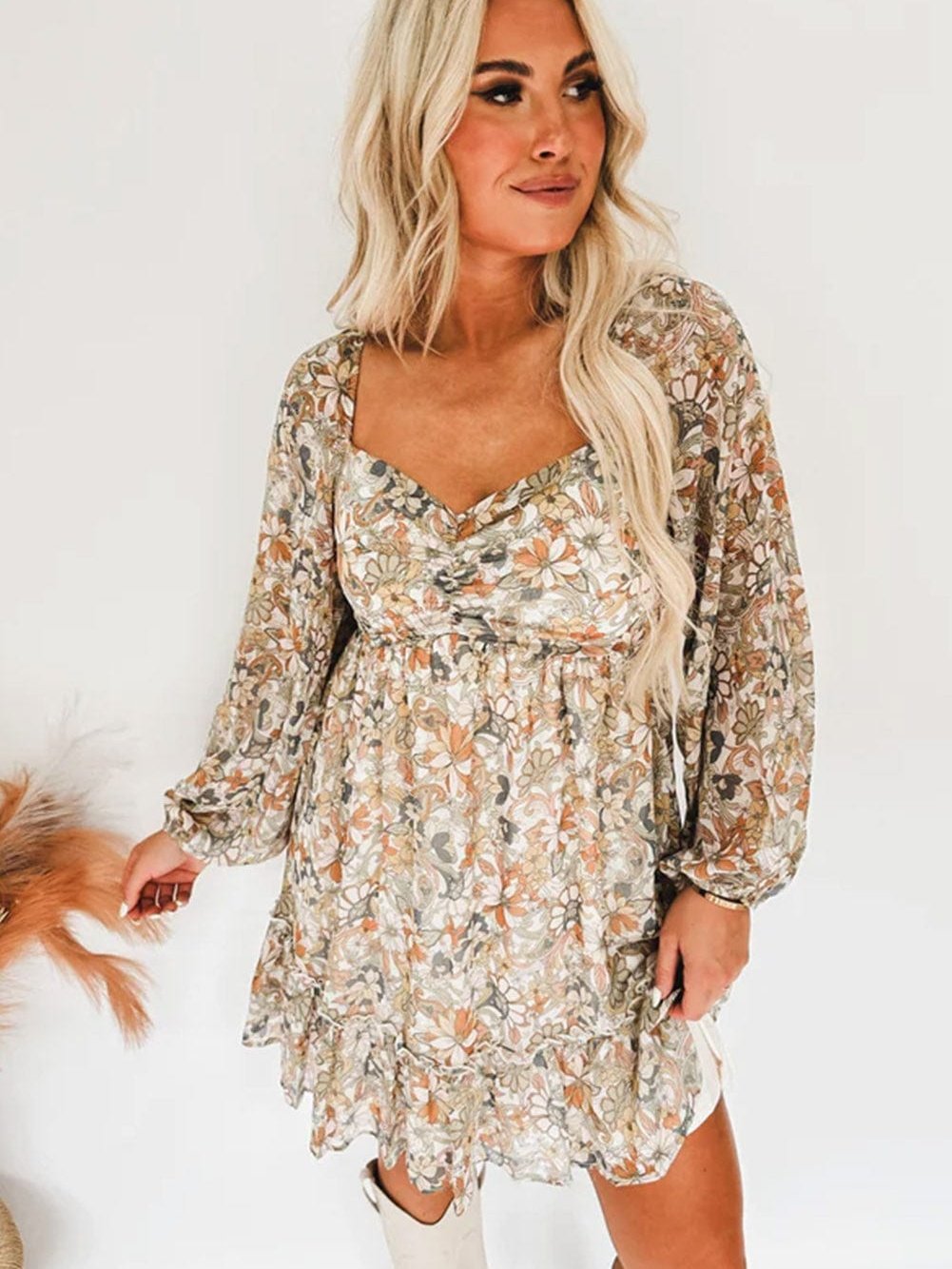 Floral Printed Puff Sleeve A-Line Mini Dress with Smocked Back
