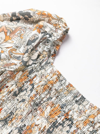 Floral Printed Puff Sleeve A-Line Mini Dress with Smocked Back