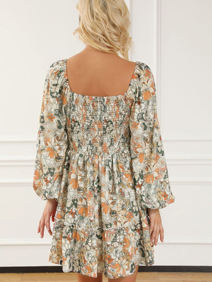 Floral Printed Puff Sleeve A-Line Mini Dress with Smocked Back