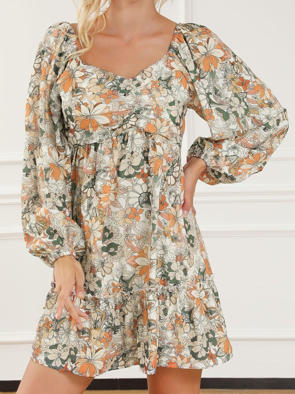 Floral Printed Puff Sleeve A-Line Mini Dress with Smocked Back