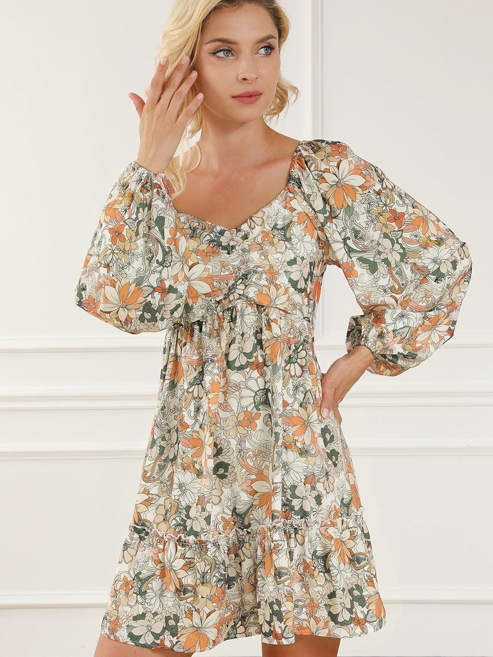 Floral Printed Puff Sleeve A-Line Mini Dress with Smocked Back